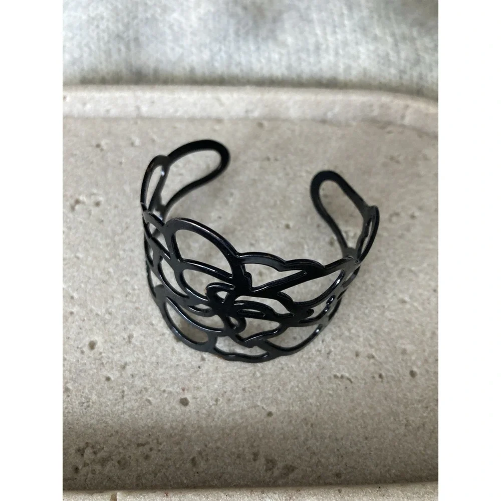 Black Openwork Flower Cuff Bracelet Glossy Floral Wide Statement Bangle Gothic